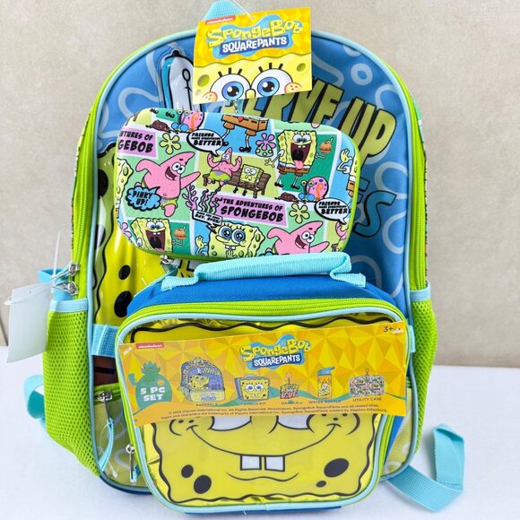 NWT Sponge Bob Kids 5 Pc. Set Backpack 17'' Utility Case Lunch Box Water Bottle - Picture 2 of 7